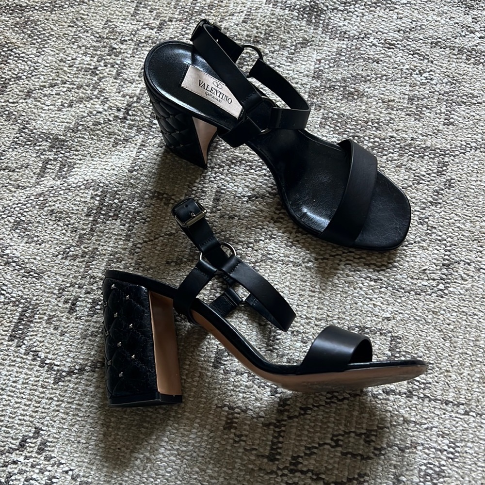Valentino Black Quilted Block Heel Leather Sandals
